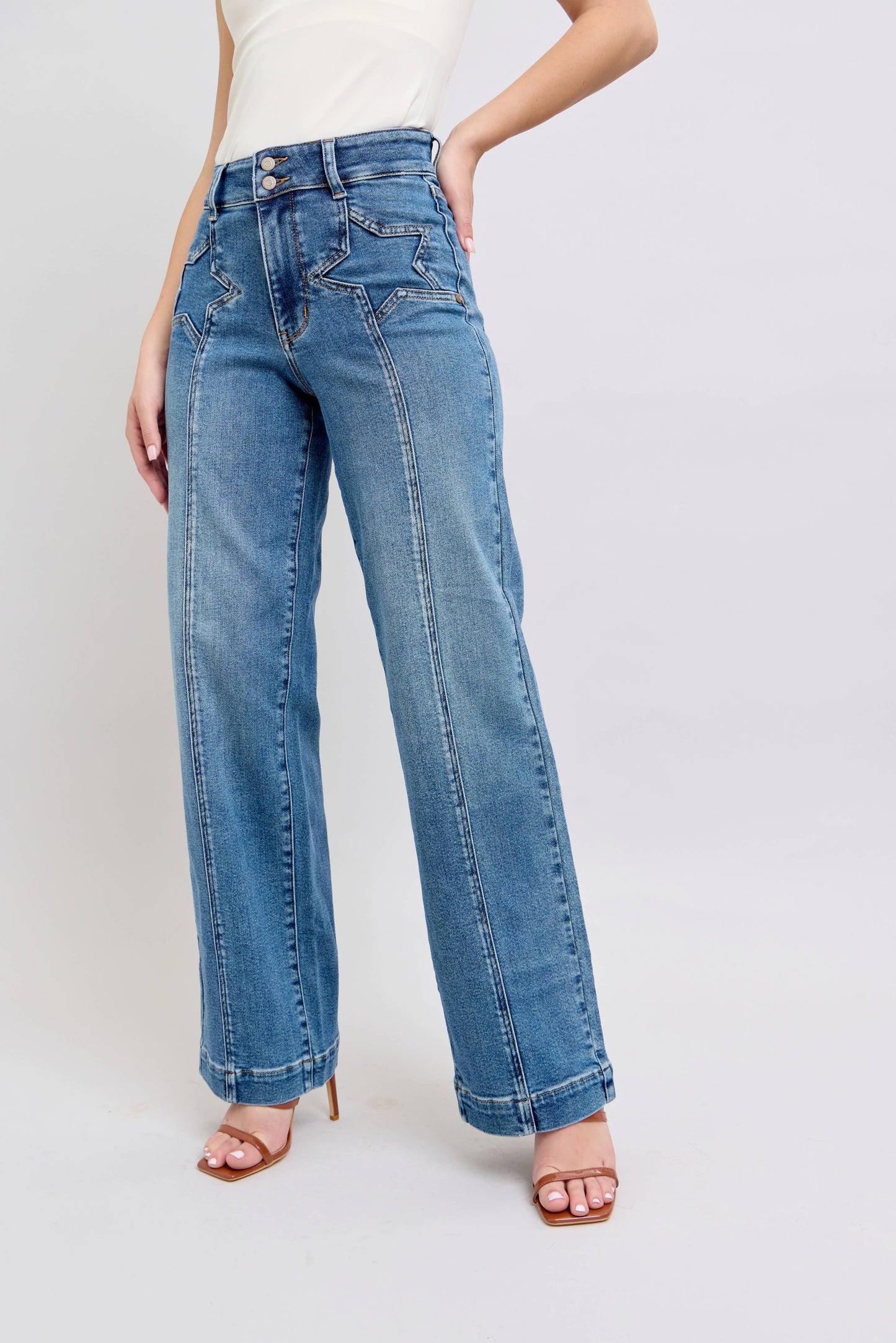 Judy Blue -High Waisted Star & Front Seam Detail Wide Leg