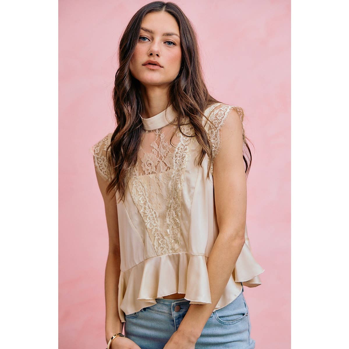 A New Arrival SATIN MOCK NECK LACE TRIM PEPLUM BLOUSE TOP: CREAM