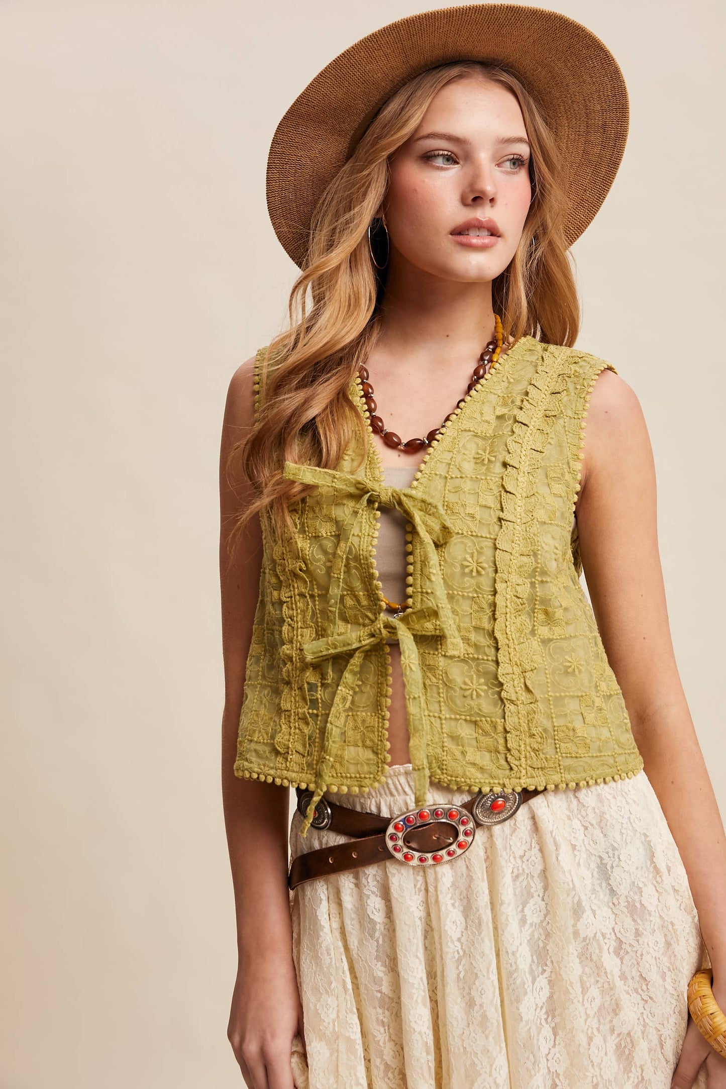 A New Arrival Embroidered Lace Tie-Front : Ecru