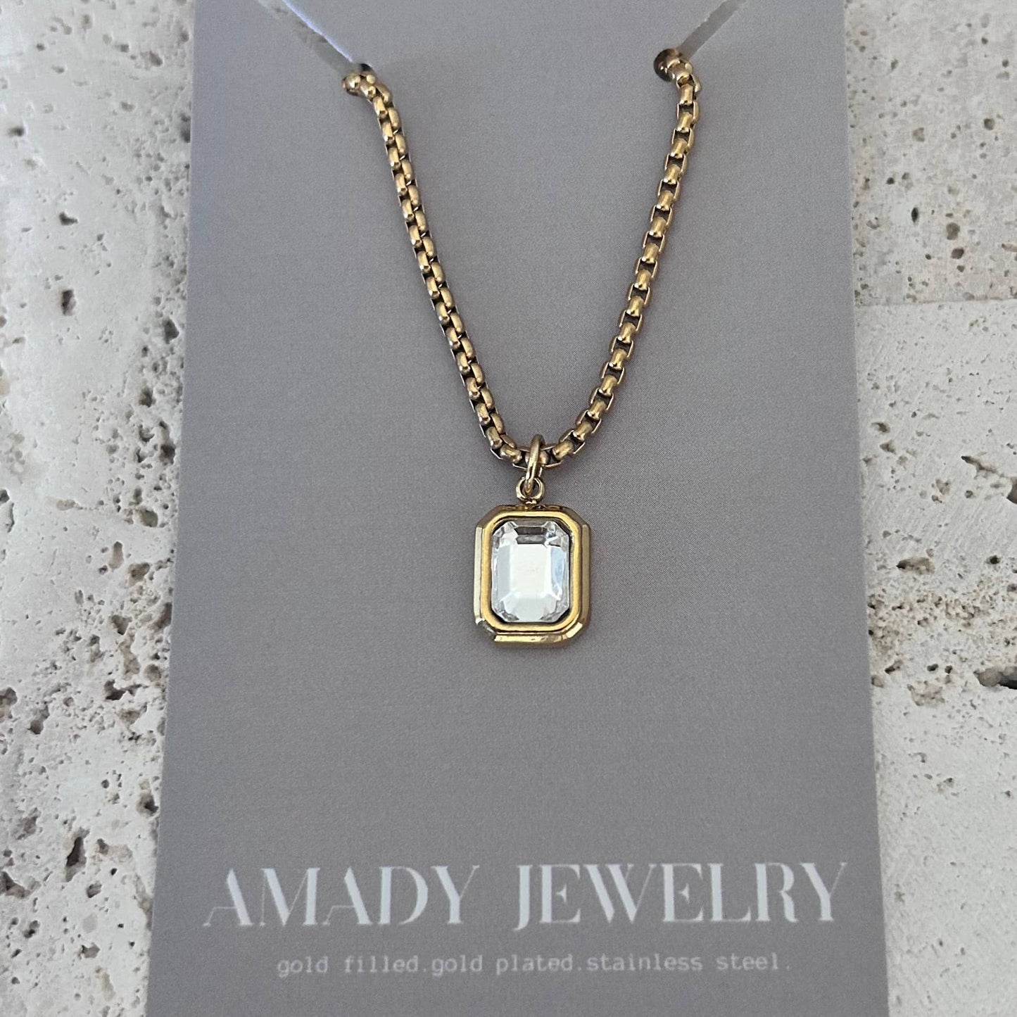 Clear Glass Pendant layering necklace 18k gold plated 