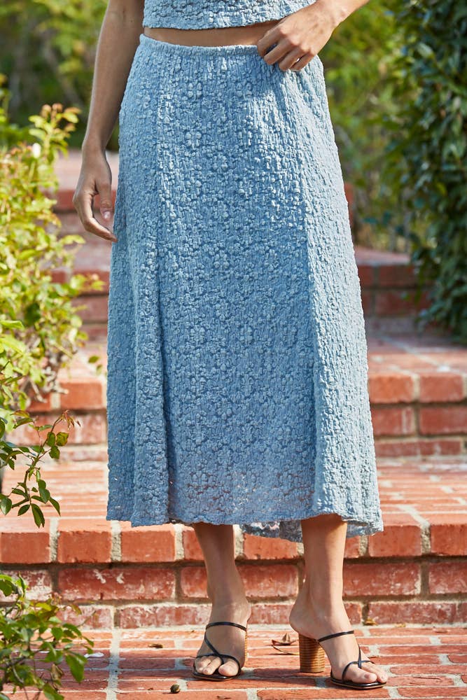 A New Arrival Knit Cotton Nylon Spandex Floral Lace Midi Skirt : Dusty Blue