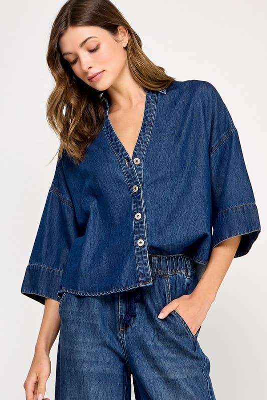 DENIM WIDE SLEEVE SHIRT: Denim Blue