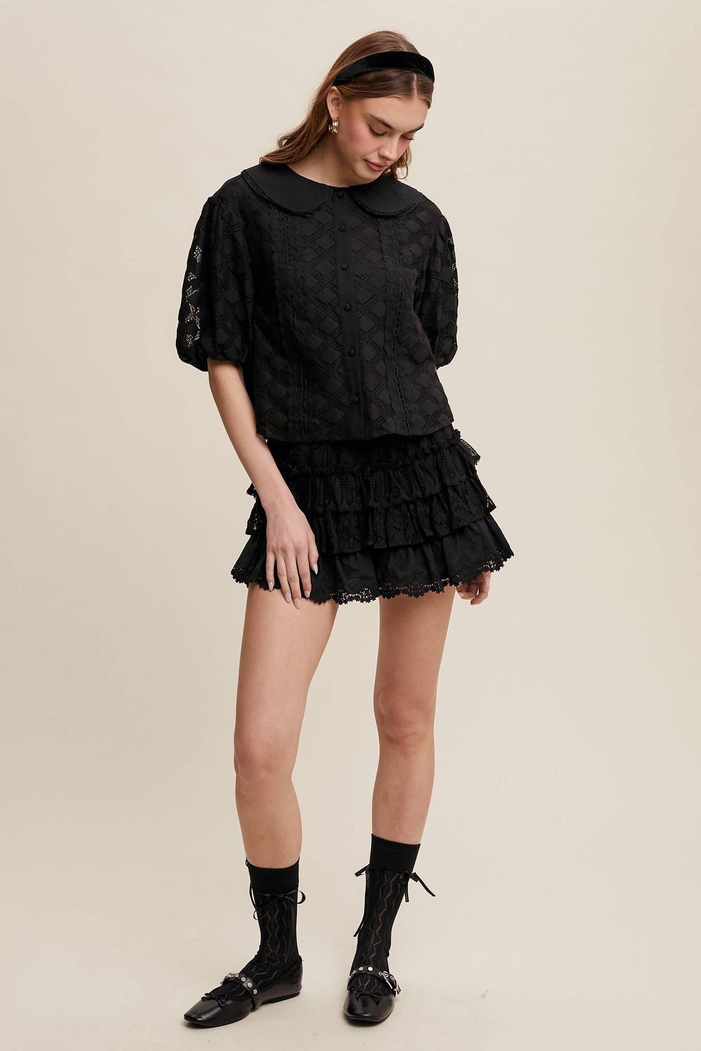 A New Arrival                   Lace Tiered Shorts with Ruffle Details: Cream
