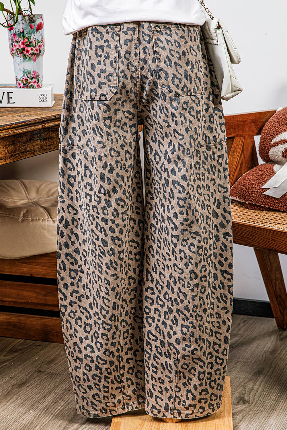 Leopard Drawstring Waist Pocketed Wide Leg Jeans