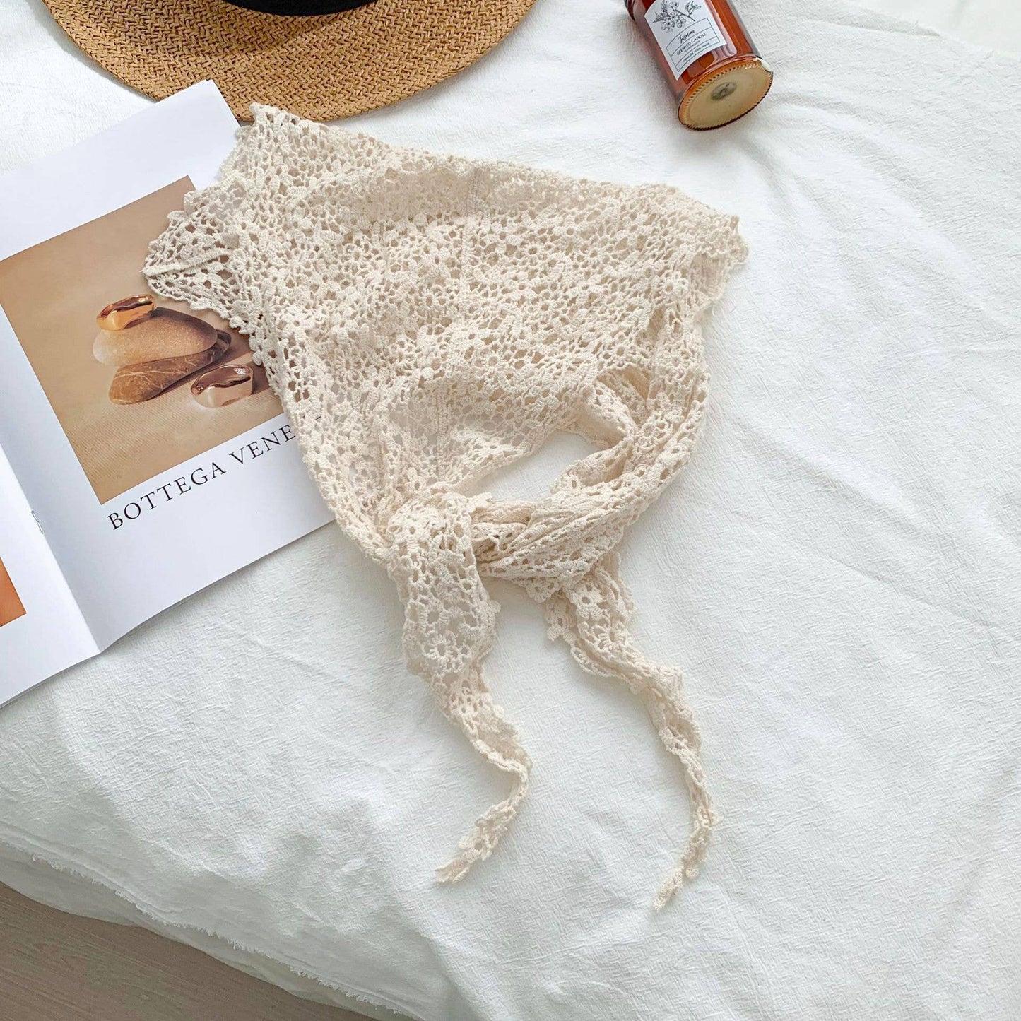 Cut Out Lace Crocheted Triangular Scarf: Apricot-1 / M