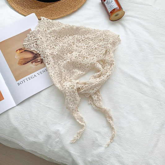 Cut Out Lace Crocheted Triangular Scarf: Apricot-1 / M