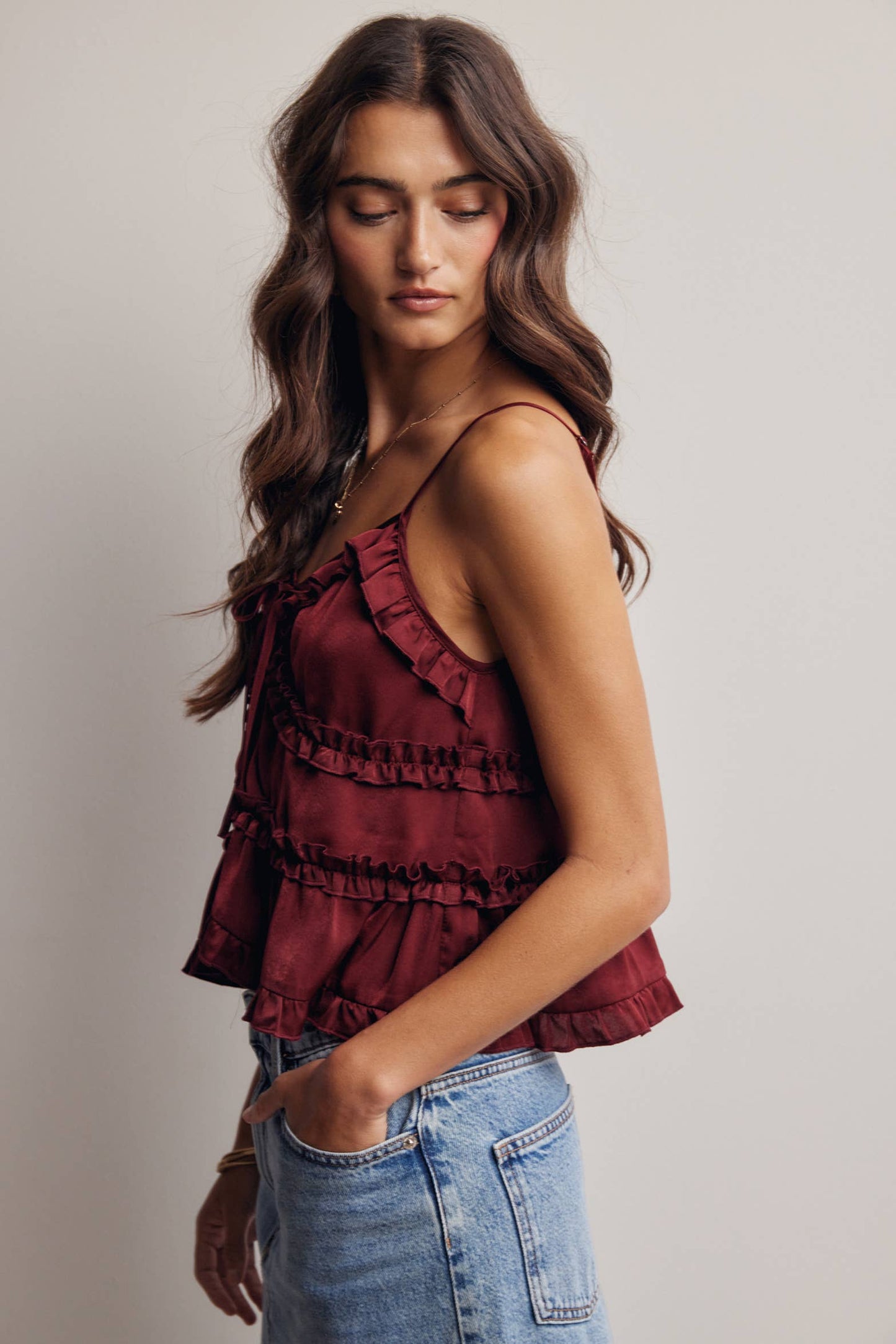 A New Arrival Ruffle Trim Tie Front Cami Top: Burgundy / Contemporary