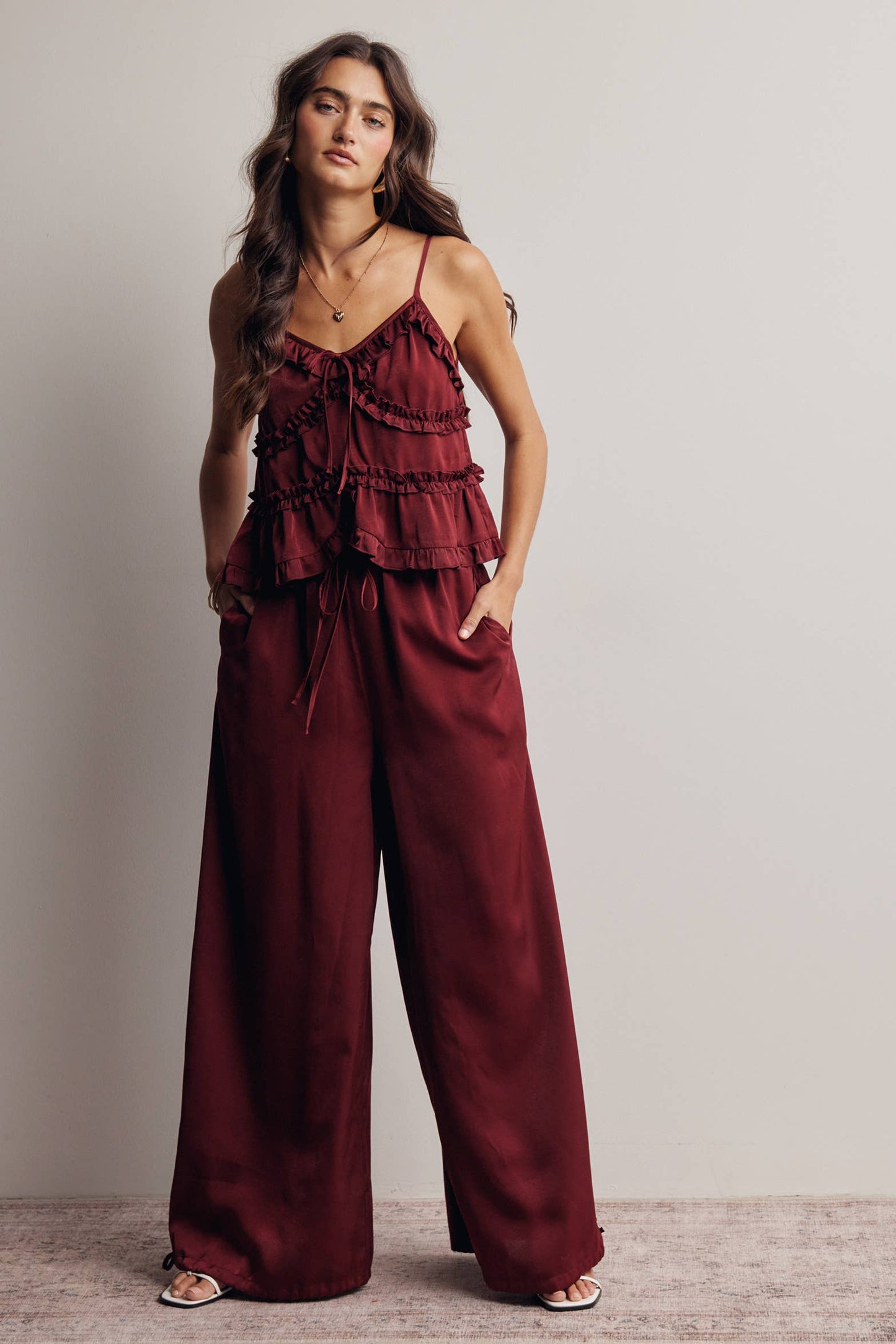 A New Arrival Ruffle Trim Tie Front Cami Top: Burgundy / Contemporary
