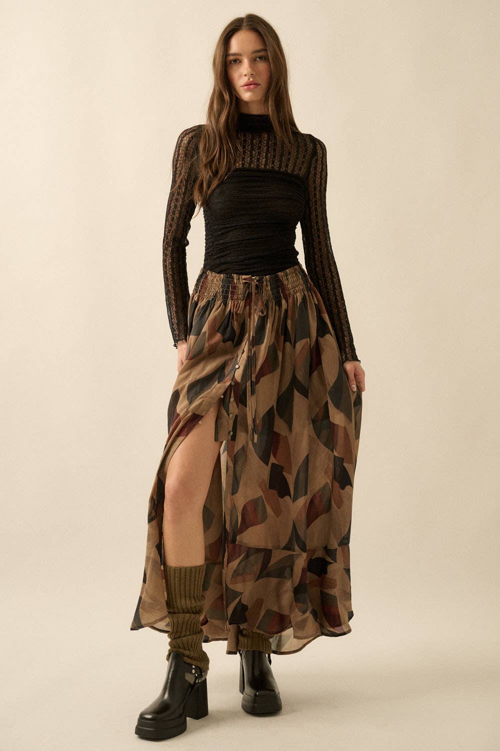Abstract-Print Button-Front Drawstring Maxi Skirt