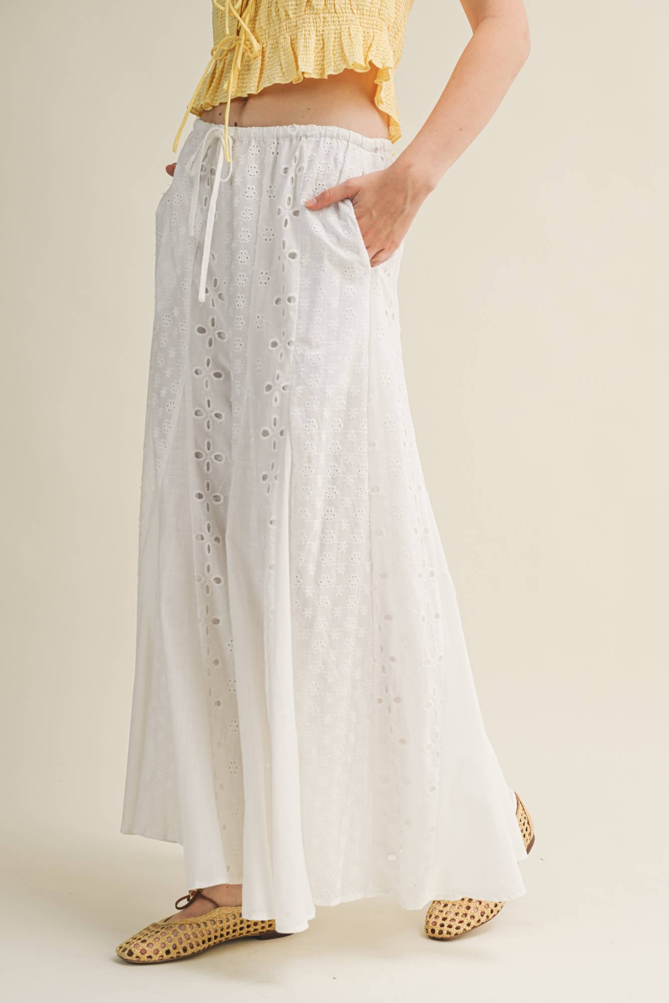 A New Arrival MIXED EYELET FLARE PANTS: White