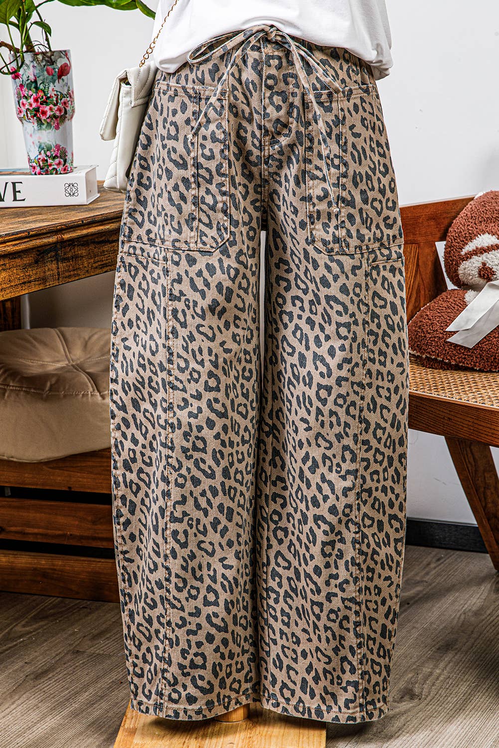 Leopard Drawstring Waist Pocketed Wide Leg Jeans