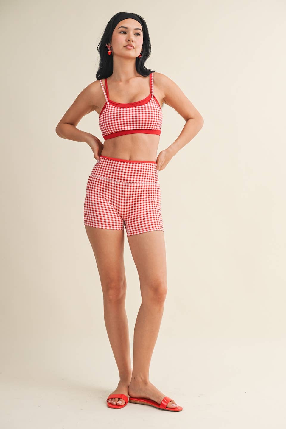 A New Arrival Gingham Print Double Layered Sports Bra: Red Gingham