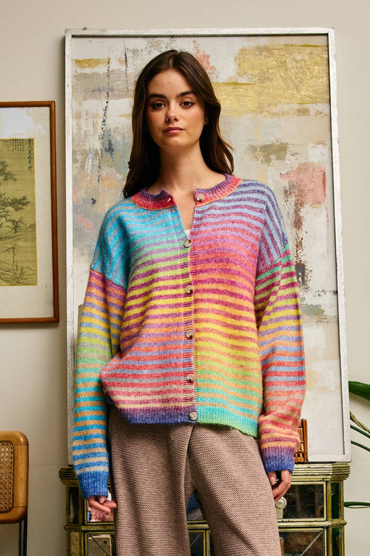 A New Arrival Space-Dye Striped Button-Down Cardigan: RAINBOW