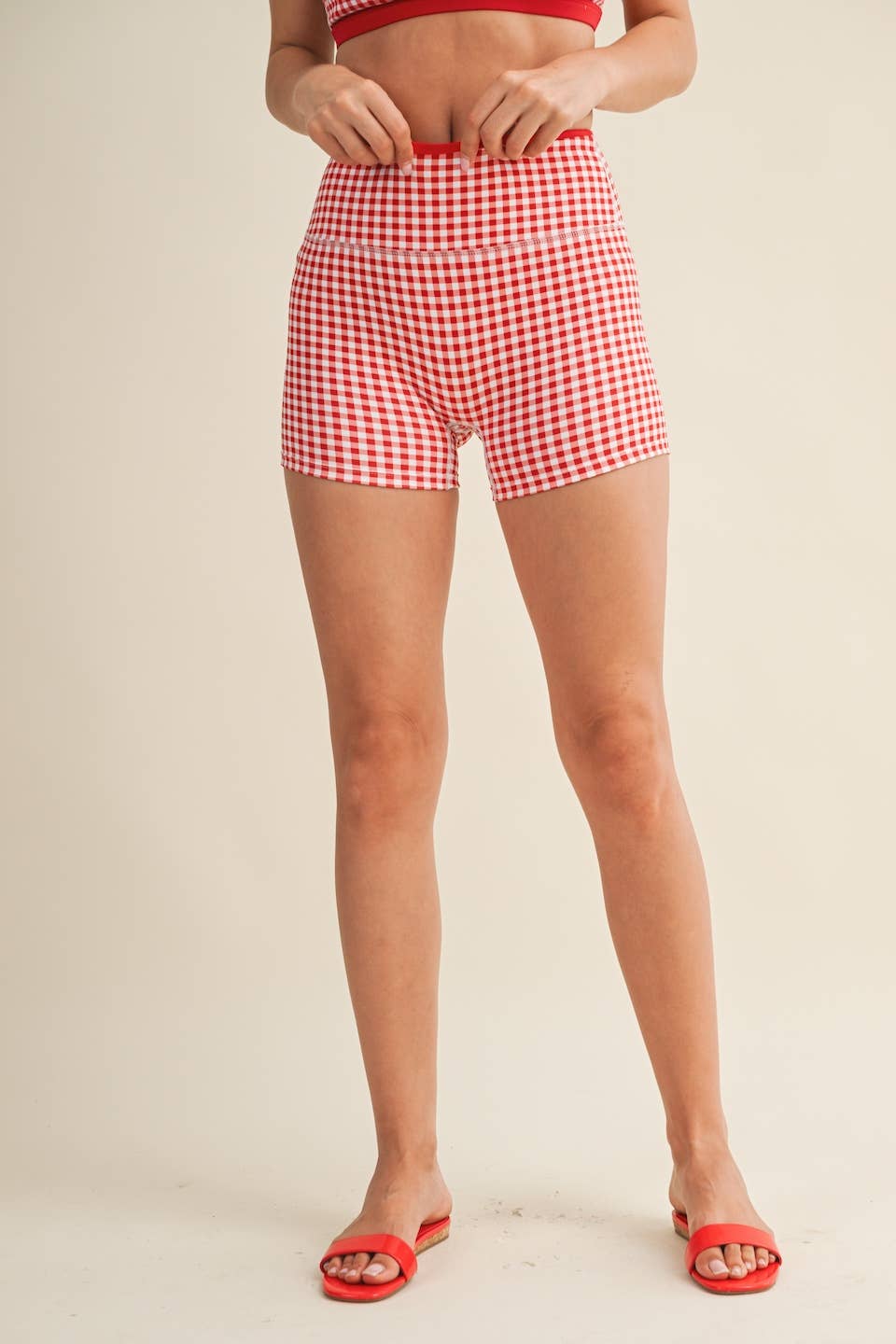 A New Arrival Gingham Print Contrast Binding Biker Shorts: Red Gingham