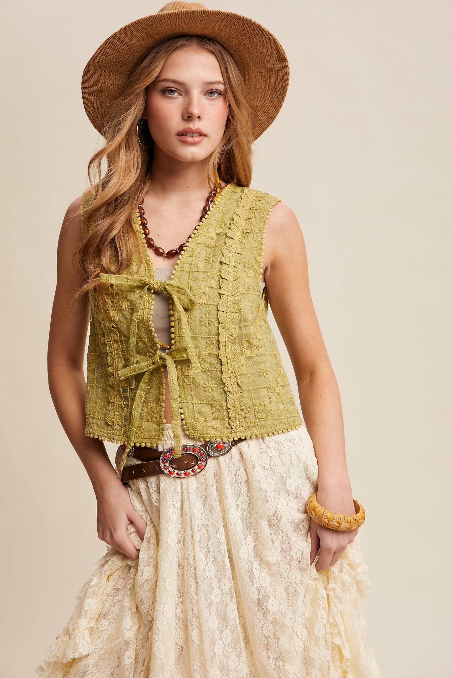 A New Arrival Embroidered Lace Tie-Front : Ecru