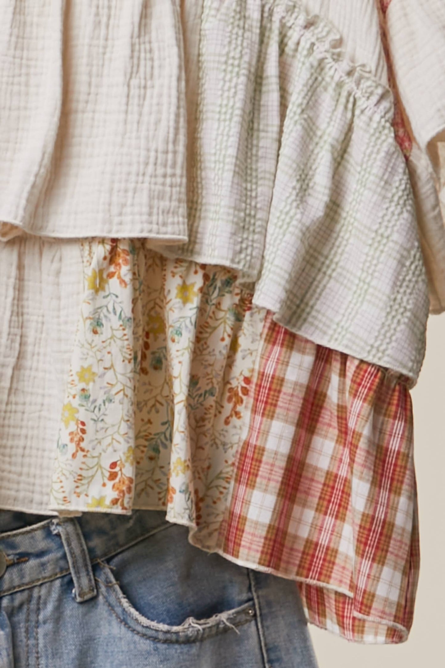 Vintage Patchwork Ruffle Hem Top: Ivory Multi