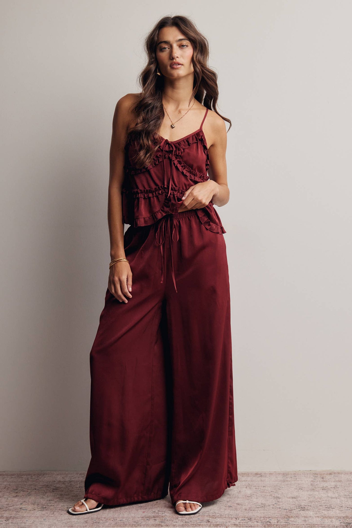 A New Arrival Ruffle Trim Tie Front Cami Top: Burgundy / Contemporary