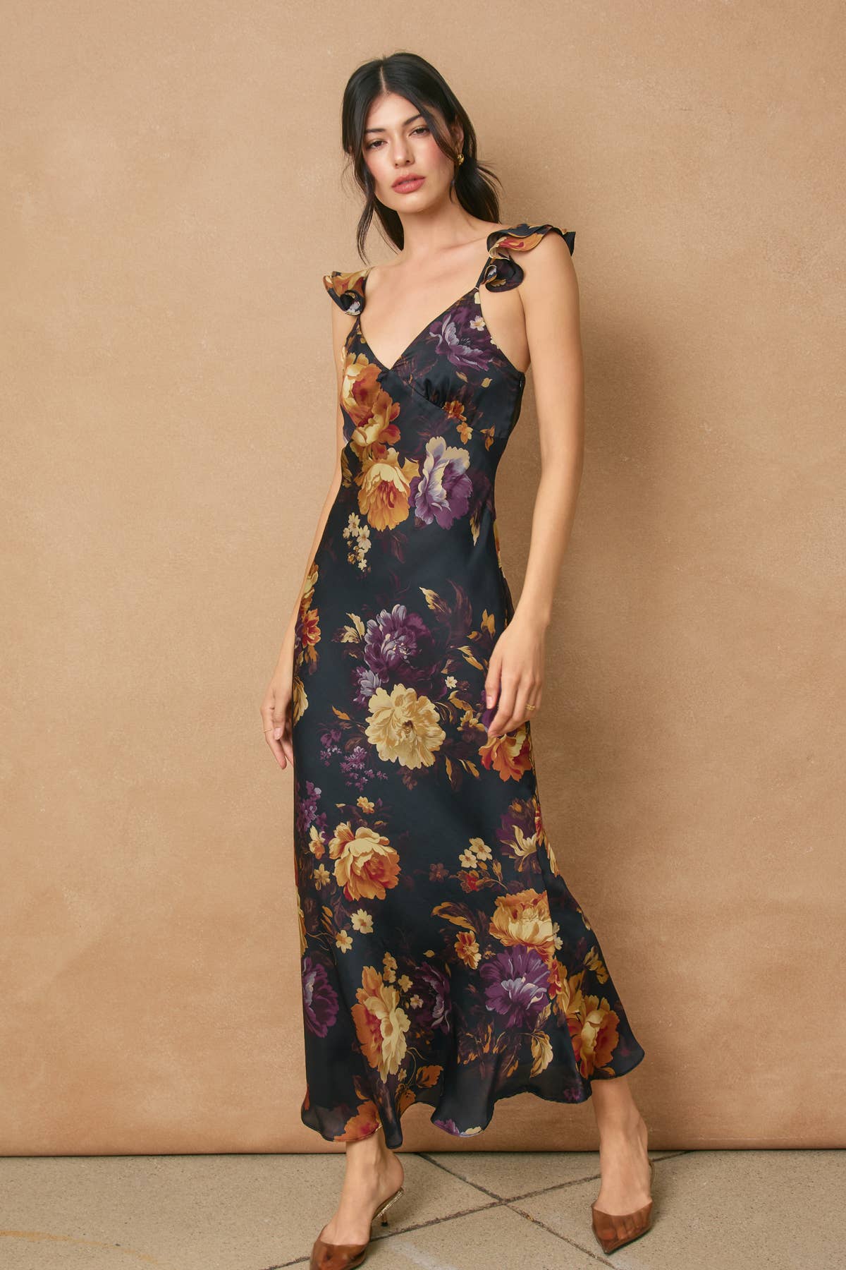 A New Arrival Floral Flutter Shoulder Maxi Dress: NIGHTFALL FLORAL