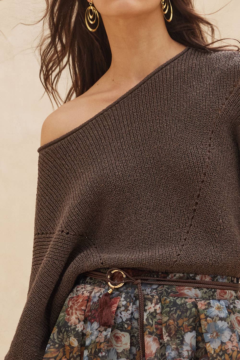 Short-Sleeve Pointelle Ribbed Knit Sweater: Espresso