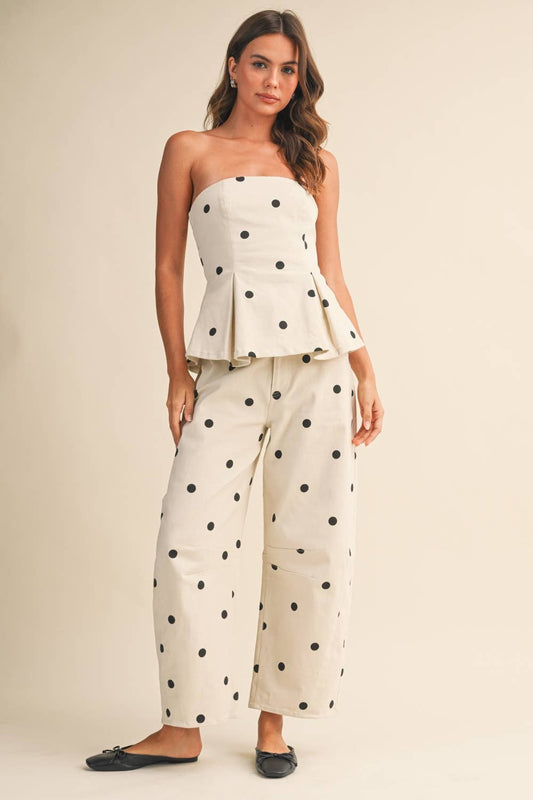 A New Arrival        POLKADOT STRAPLESS PEPLUM TOP AND BARREL PANTS SET: IVORY/BLACK