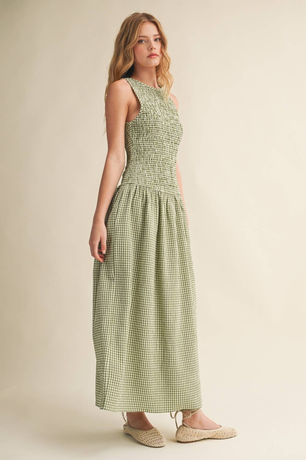MINI GINGHAM PATTERN SLEEVELESS LONG DRESS: GREEN