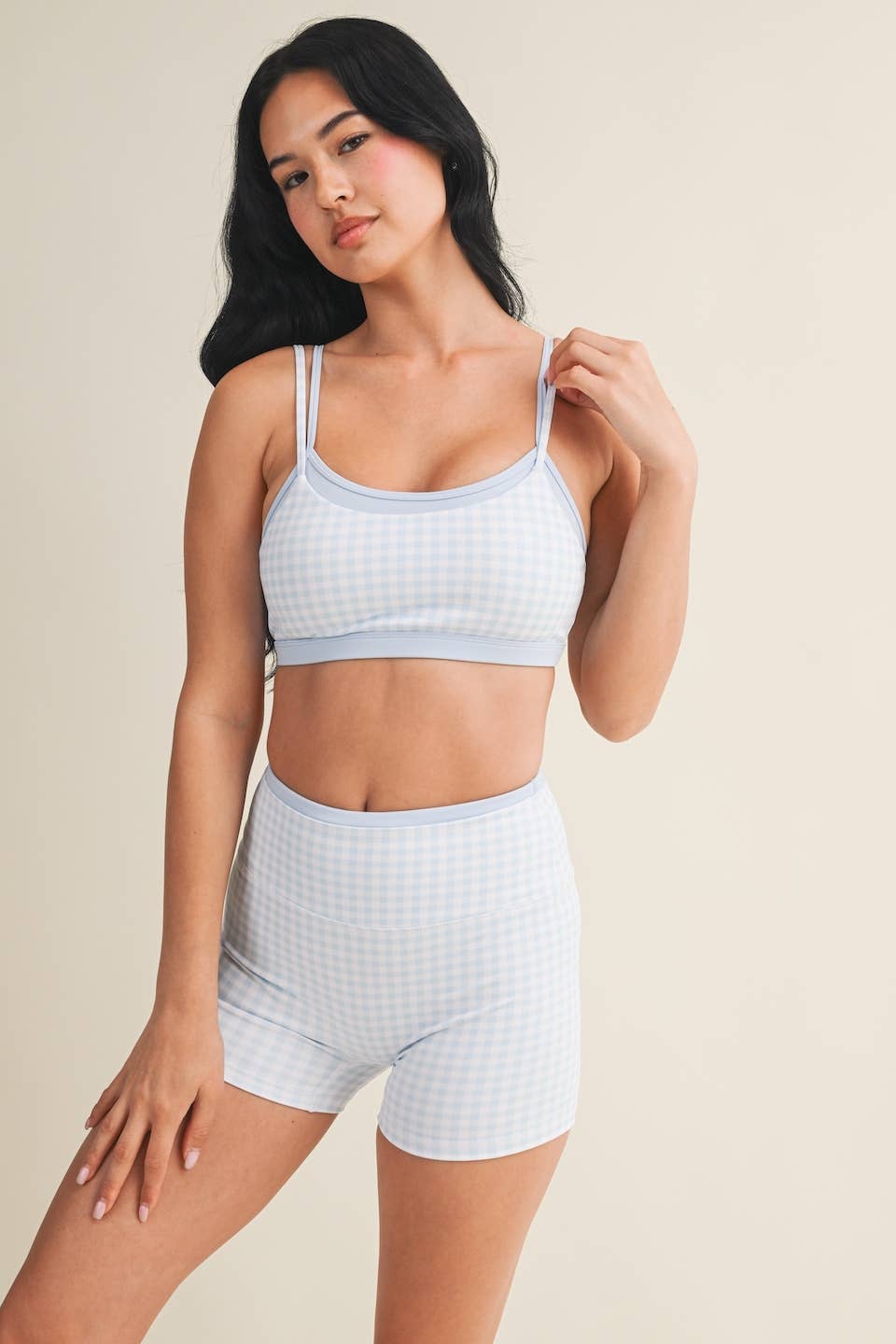 A New Arrival Gingham Print Double Layered Sports Bra: Red Gingham