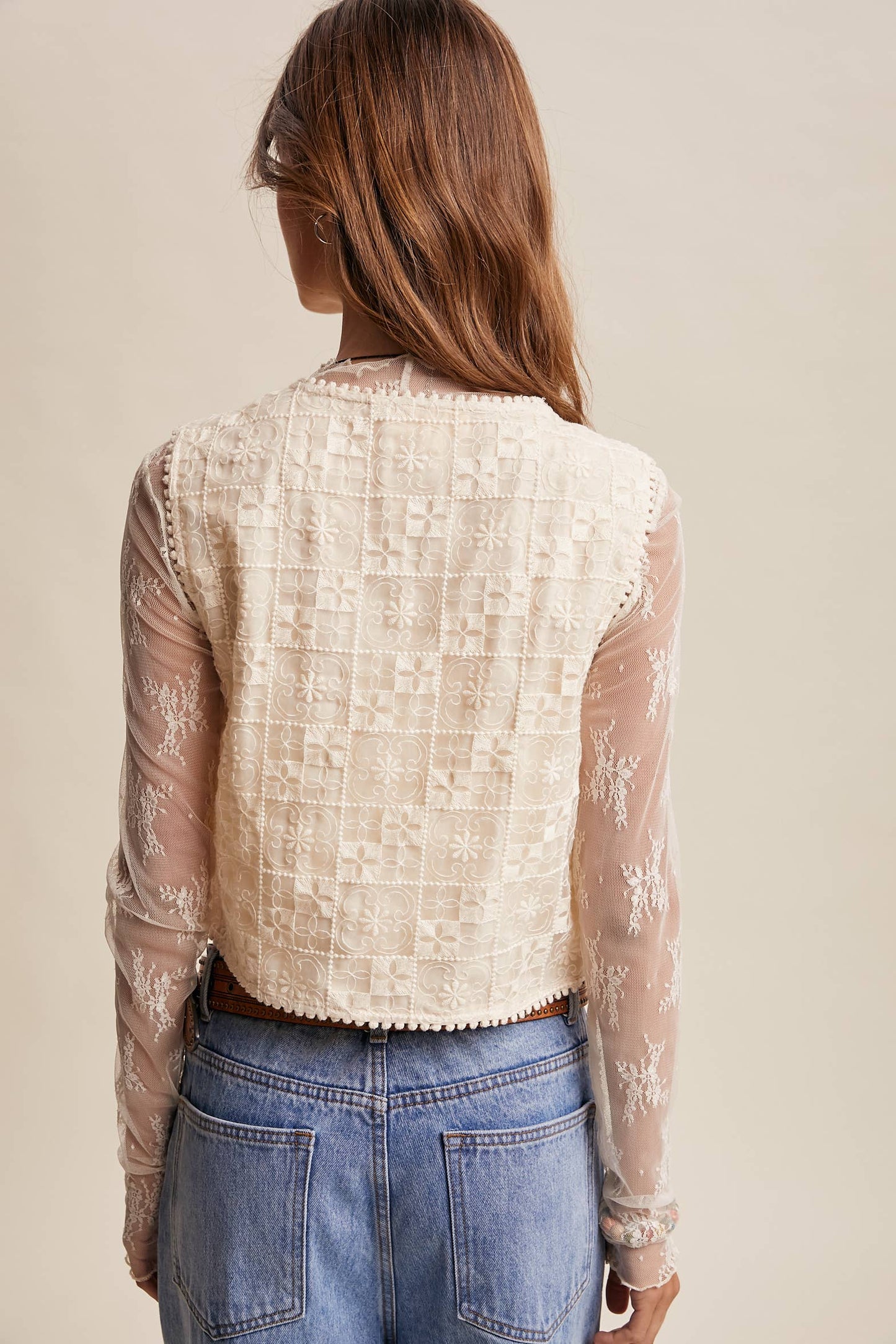 A New Arrival Embroidered Lace Tie-Front : Ecru