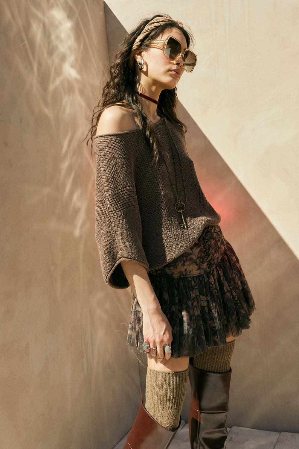 Short-Sleeve Pointelle Ribbed Knit Sweater: Espresso