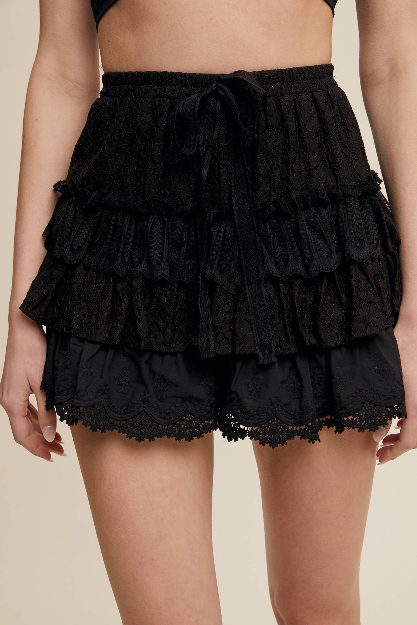 A New Arrival                   Lace Tiered Shorts with Ruffle Details: Cream
