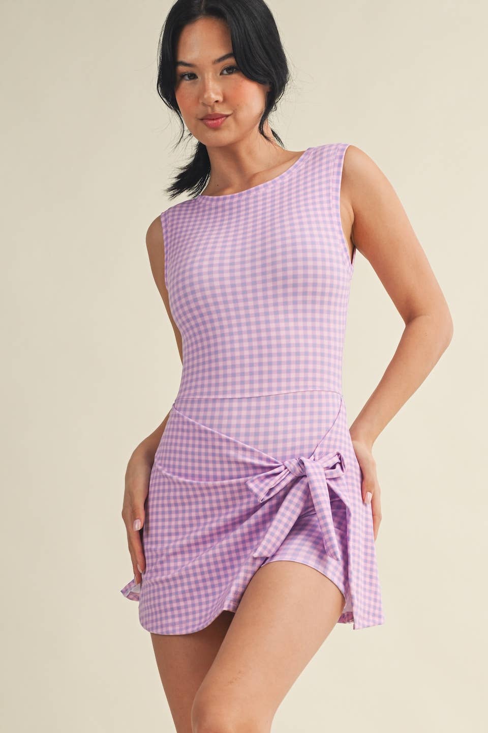 A New Arrival Gingham Print Sleeveless Wrap Tie Front Dress : Pink Gingham