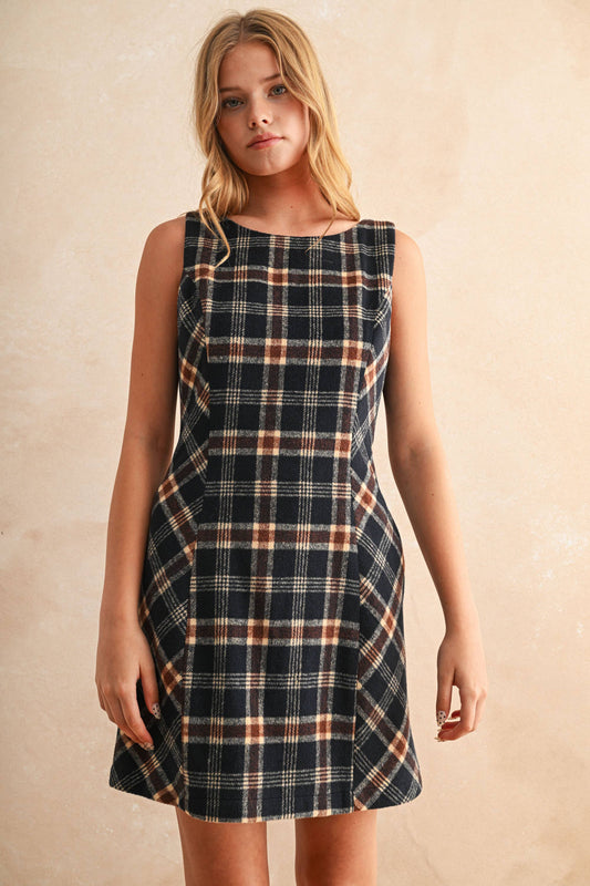 PLAID PATTERN DRESS: NAVY