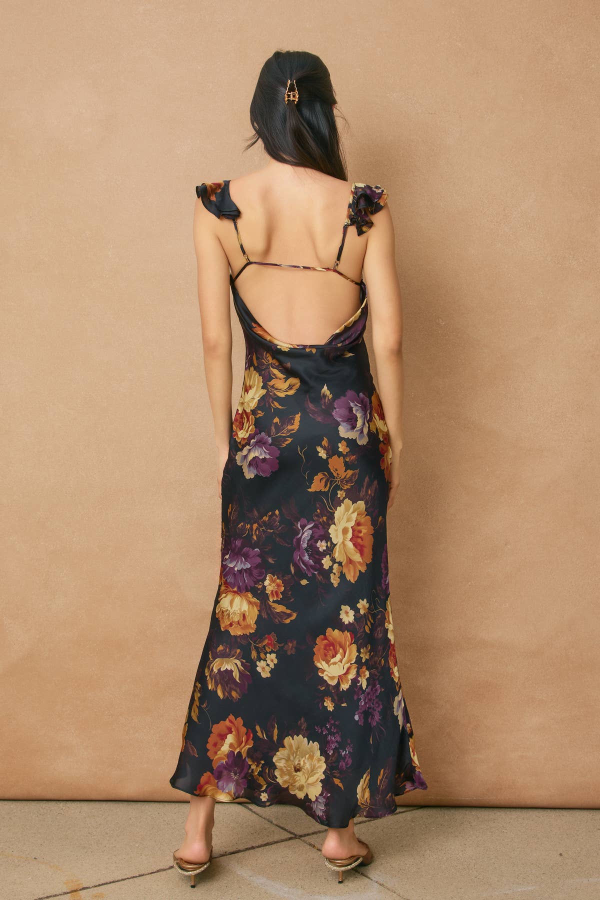 A New Arrival Floral Flutter Shoulder Maxi Dress: NIGHTFALL FLORAL