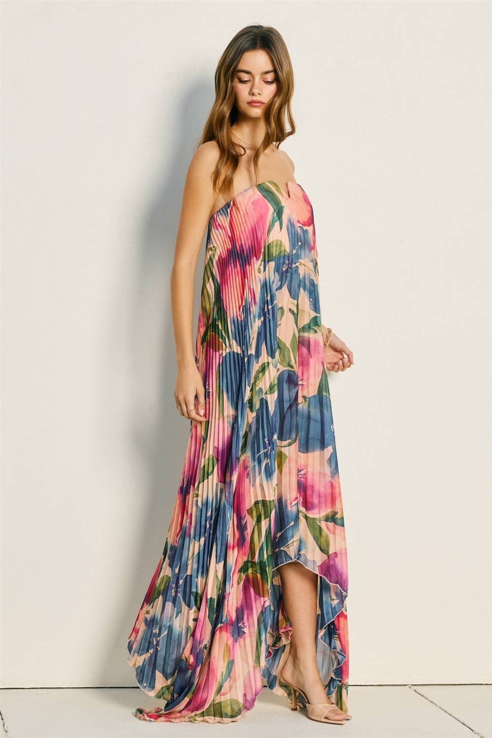 A New Arrival Floral Strapless Pleated Maxi Column Dress : LAPIS BLOOM