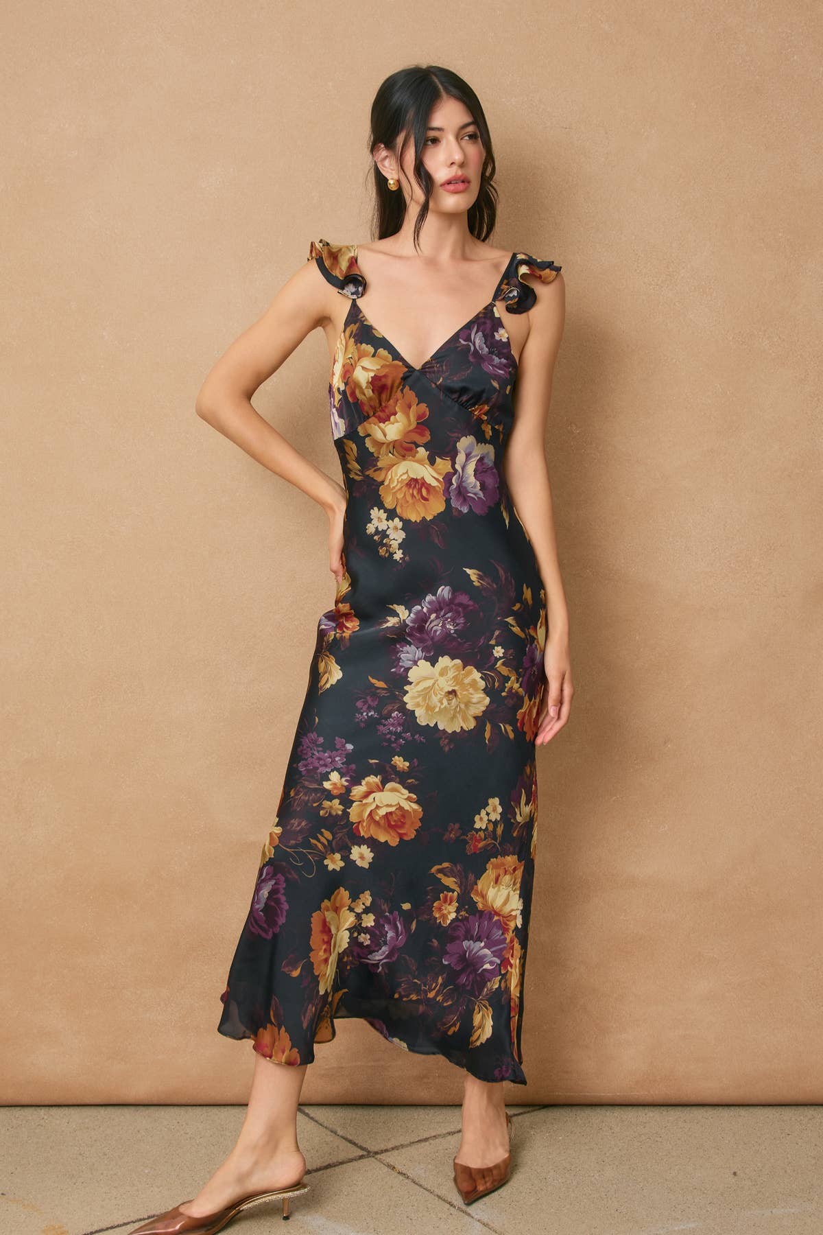 A New Arrival Floral Flutter Shoulder Maxi Dress: NIGHTFALL FLORAL