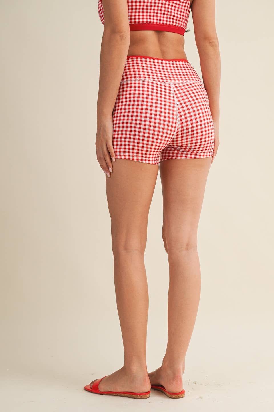 A New Arrival Gingham Print Contrast Binding Biker Shorts: Red Gingham
