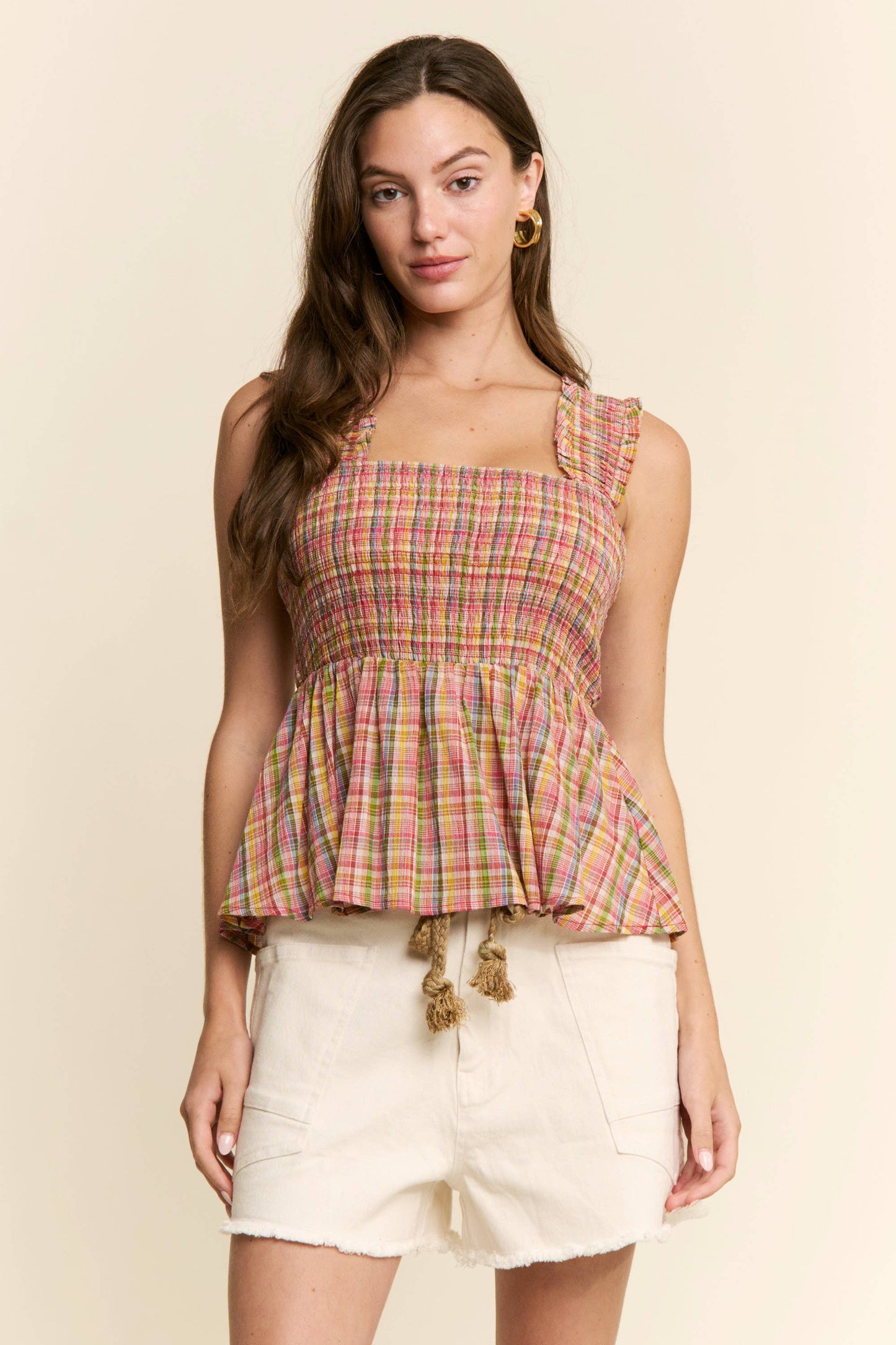 A New Arrival: PLAID PATTERN PEPLUM TOP: Pink Combo