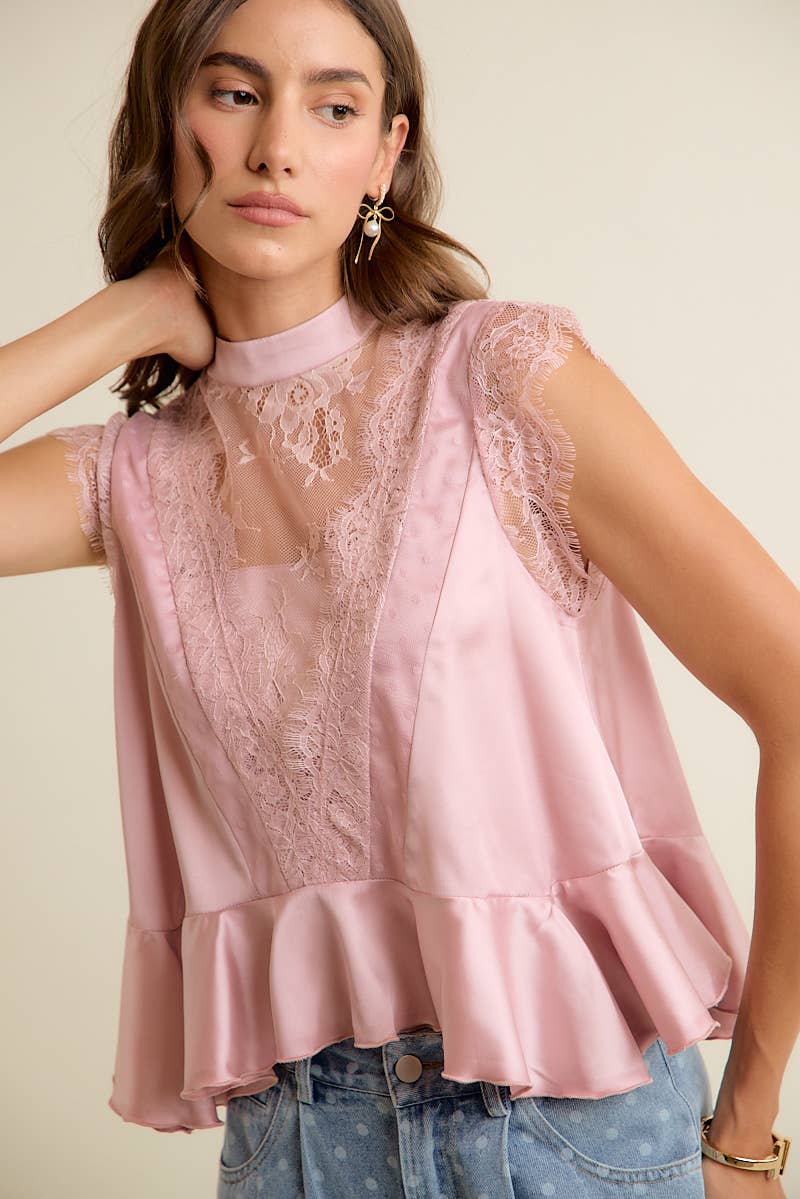 A New Arrival SATIN MOCK NECK LACE TRIM PEPLUM BLOUSE TOP: CREAM