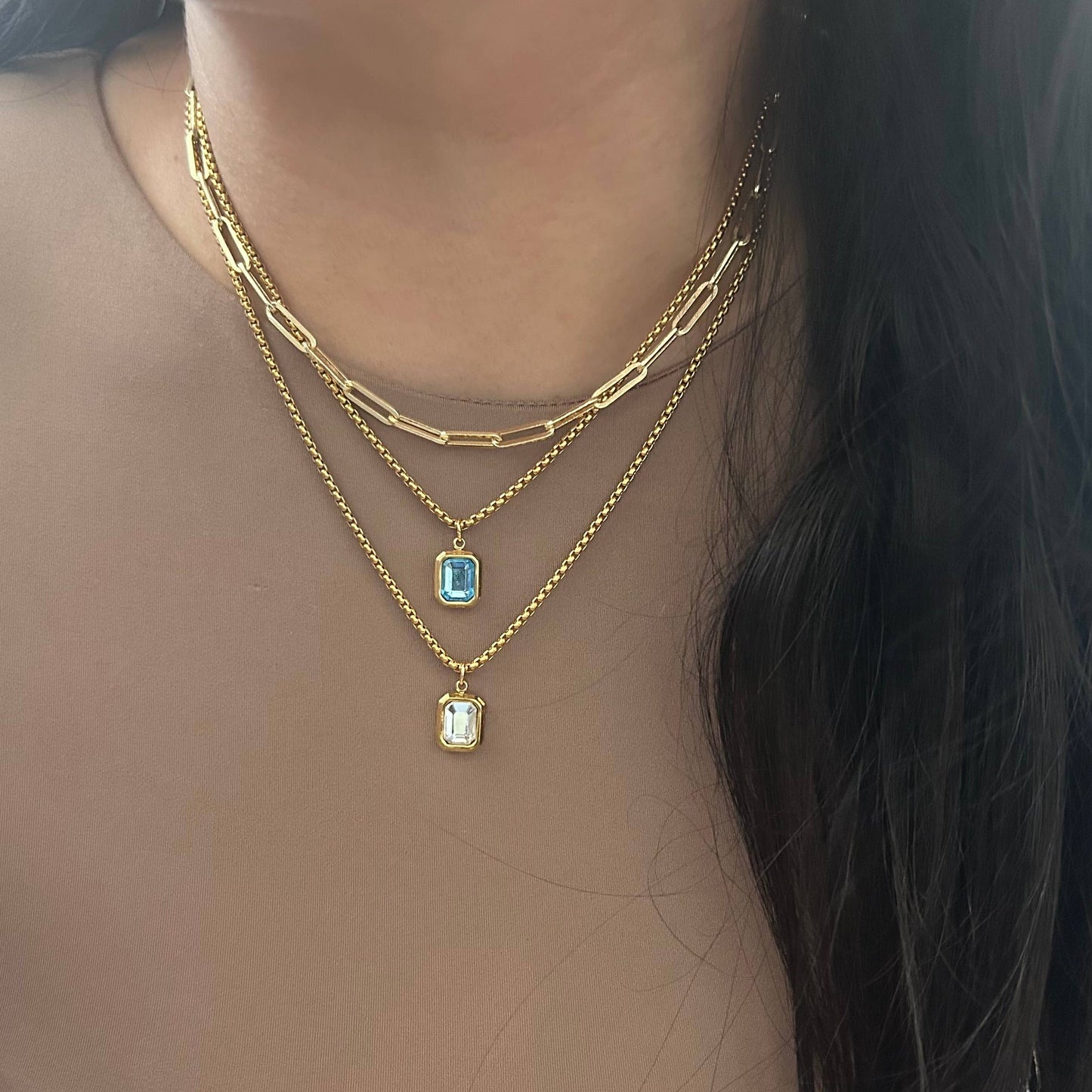 Clear Glass Pendant layering necklace 18k gold plated 