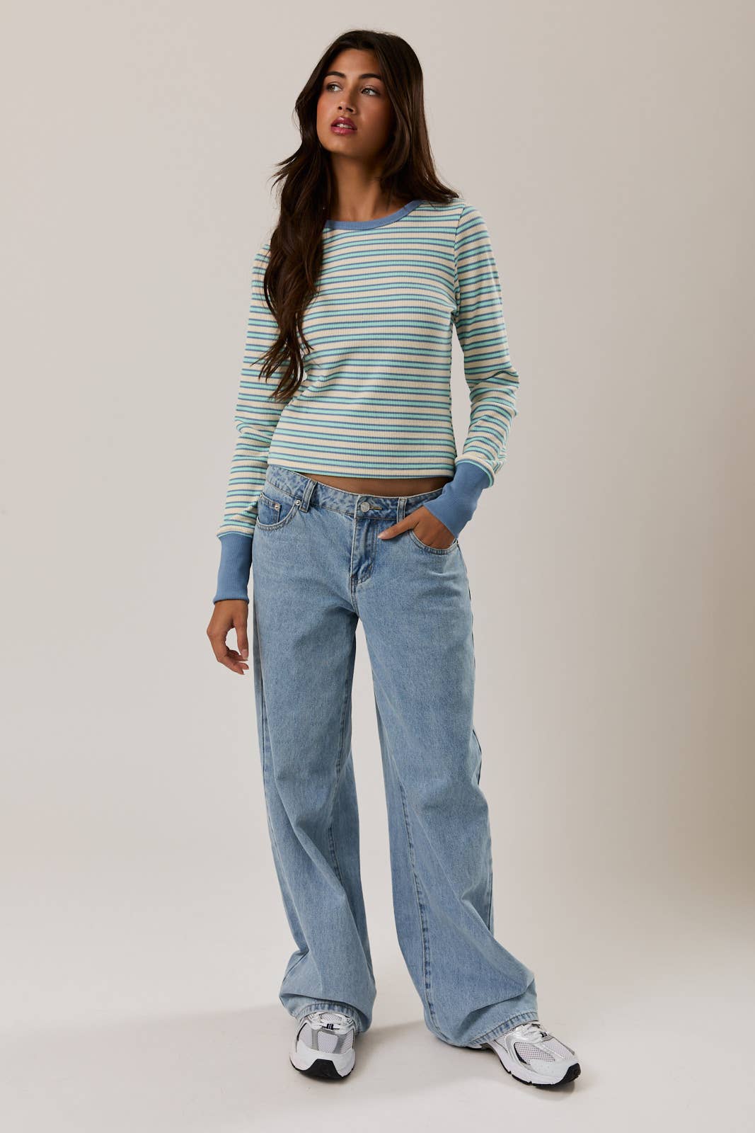 A New Arrival THERMAL LONG SLEEVE WITH THUMB HOLE KNIT TOP: IVORY-LT BLUE STRIPE