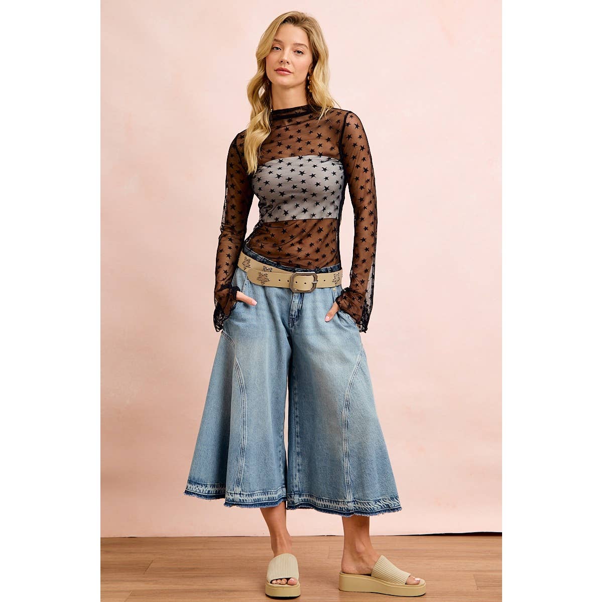 A New Arrival WASHED DENIM PANELED DETAIL CULOTTES JEANS: WASHED DENIM