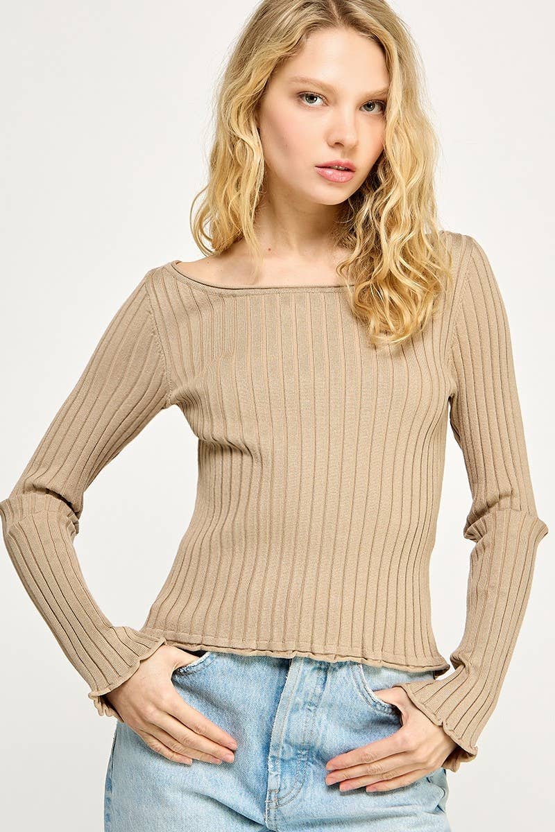 A New Arrival SOFT WIDE RIBBED BOAT NECK FITTED TOP: Sand