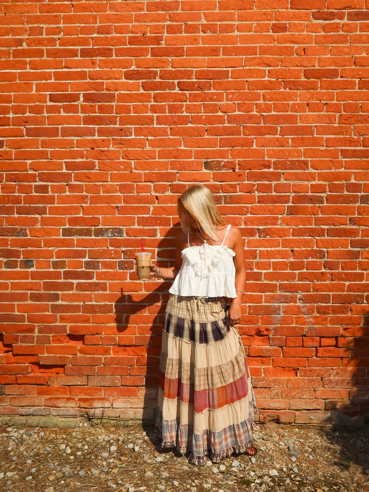 A New Arrival Vintage Vibes: Crinkled Tiered Skirt With Mixed Cotton Dobby: Latte