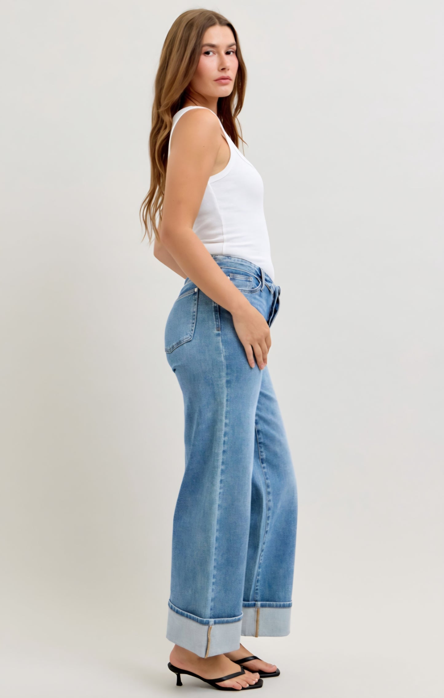 Judy Blue Mid Rise Straight leg w/Fold over Waistband and Cuffed leg