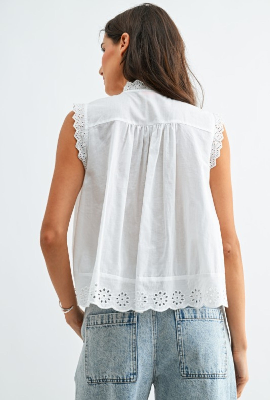 A New Arrival.          BRODERIE ANGLAISE SLEEVELESS COTTON Blouse