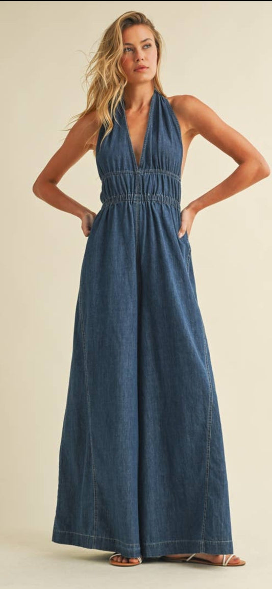 A New Arrival                Denim Halter Jumpsuit
