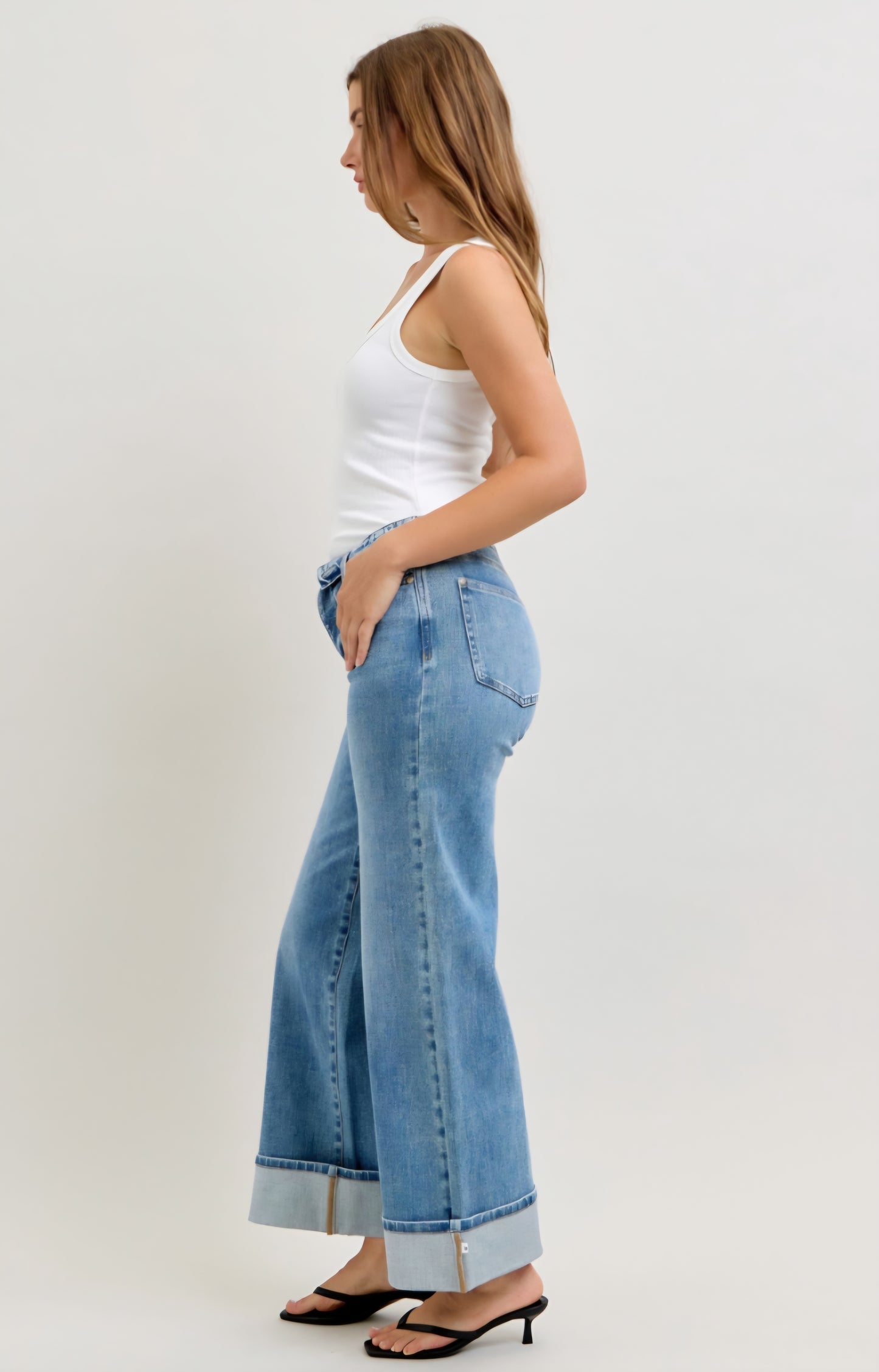 Judy Blue Mid Rise Straight leg w/Fold over Waistband and Cuffed leg