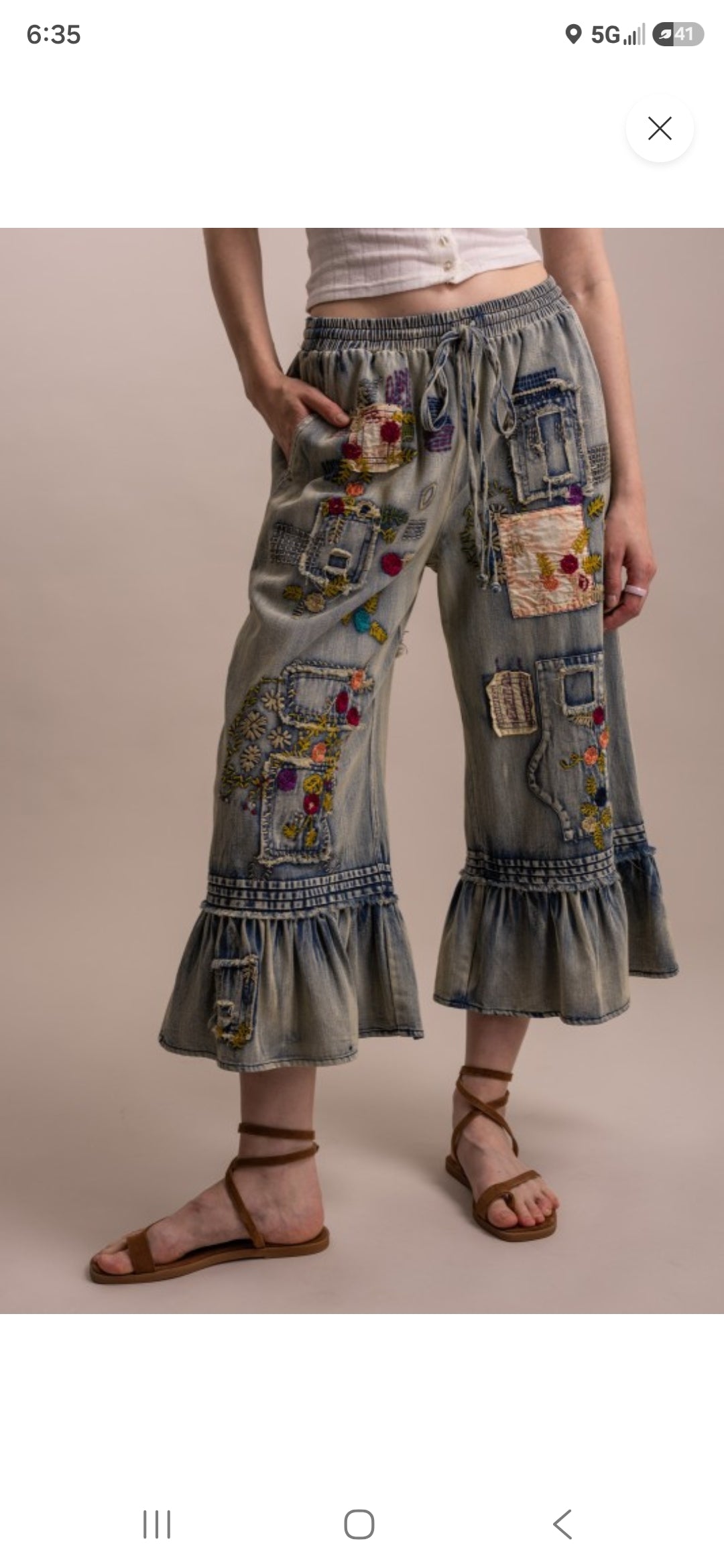 A New Arrival EMBROIDERY PATCHWORK RUFFLE HEM CROPPED PANTS