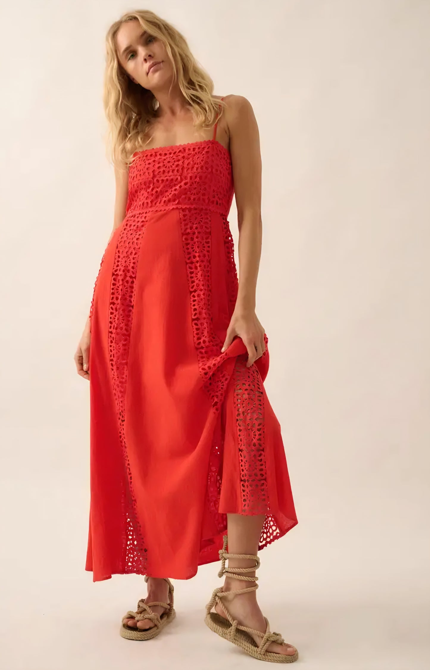 A New Arrival              Crochet Lace and Crepe Paneled Maxi Dress