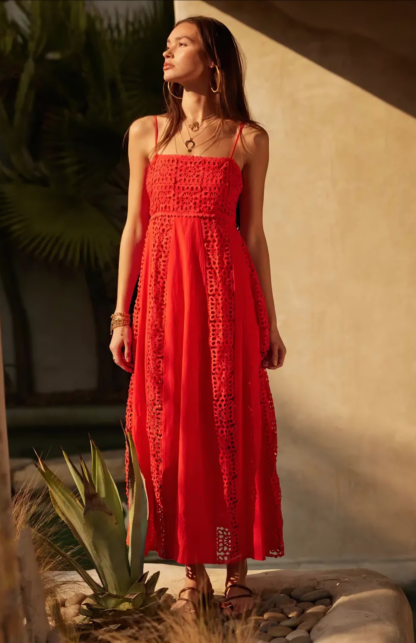 A New Arrival              Crochet Lace and Crepe Paneled Maxi Dress