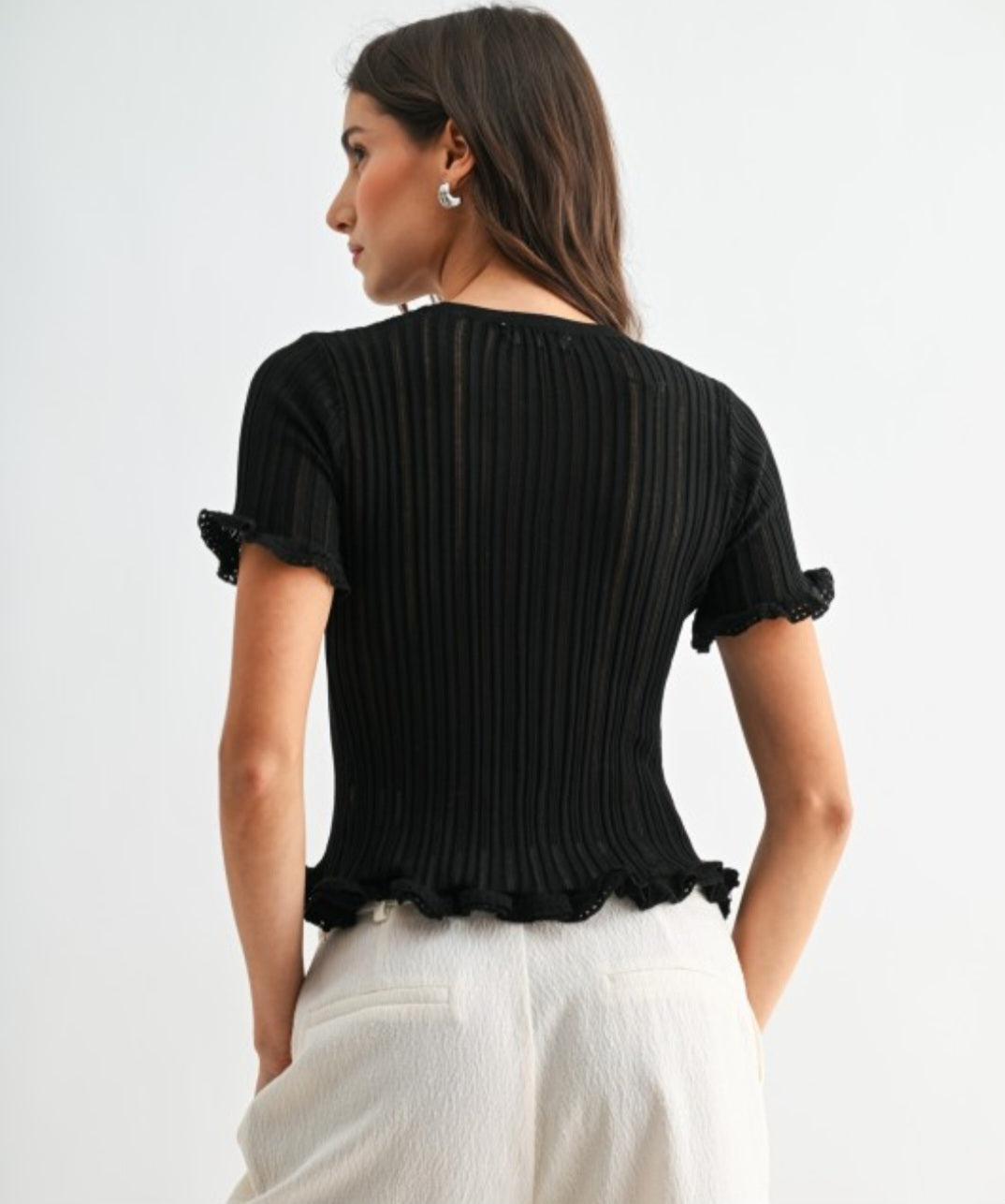 Ribbed Short Sleeve Knit Top With Ruffle Trim